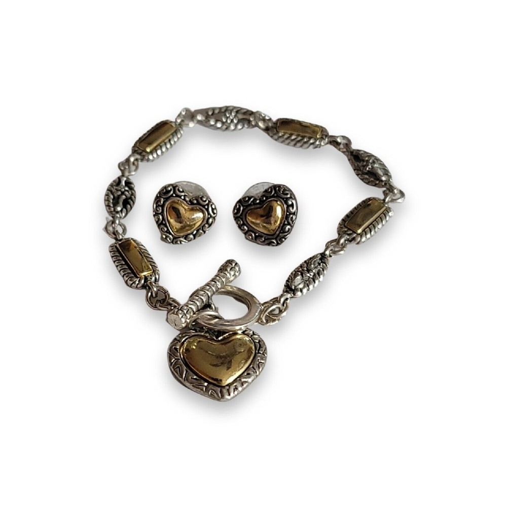 Premier Designs Gold and Silver tone Heart Charm Bracelet And Earrings Set. 7 in